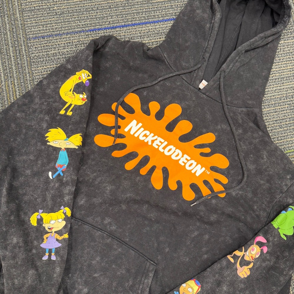 Nickelodeon Hoodie‎ Gray Wash Pullover Rugrats Ren & Stimpy 90s Cartoon Men's